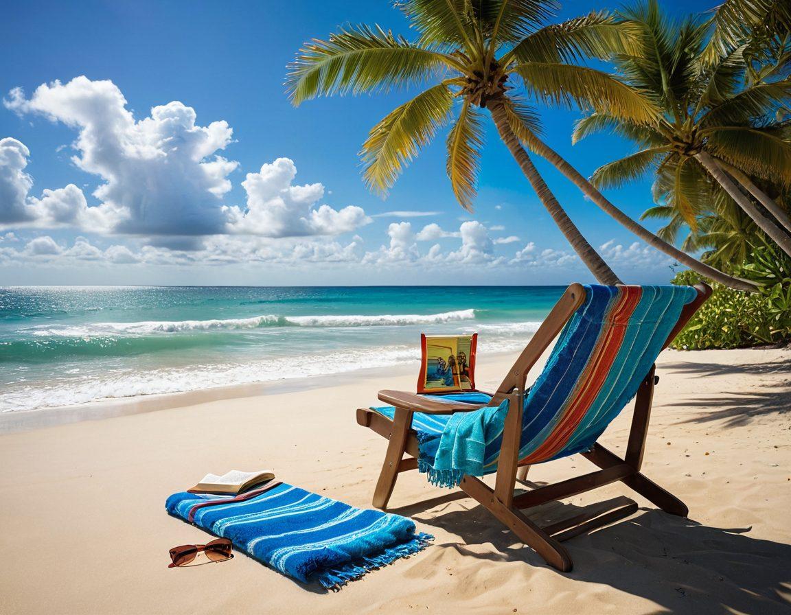 A serene beach scene featuring a cozy beach chair with a colorful towel draped over it, an open book resting on the chair, and a pair of stylish sunglasses nearby. Soft waves lapping at the shore, with a bright blue sky and a few fluffy clouds above. Tropical palm trees gently swaying in the background, casting dappled shadows on the sand. The overall atmosphere should evoke relaxation and enjoyment, perfect for summer reading. vibrant colors. super-realistic.