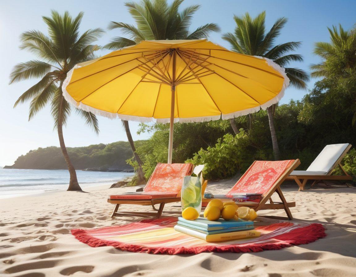 A sun-drenched beach scene with a stylish beach umbrella, a colorful beach towel, and a stack of elegantly bound books resting beside a refreshing drink. In the background, bright sun loungers and gentle waves enhance the summer vibe. The atmosphere is inviting, evoking relaxation and leisure. bright colors. 3D rendering.
